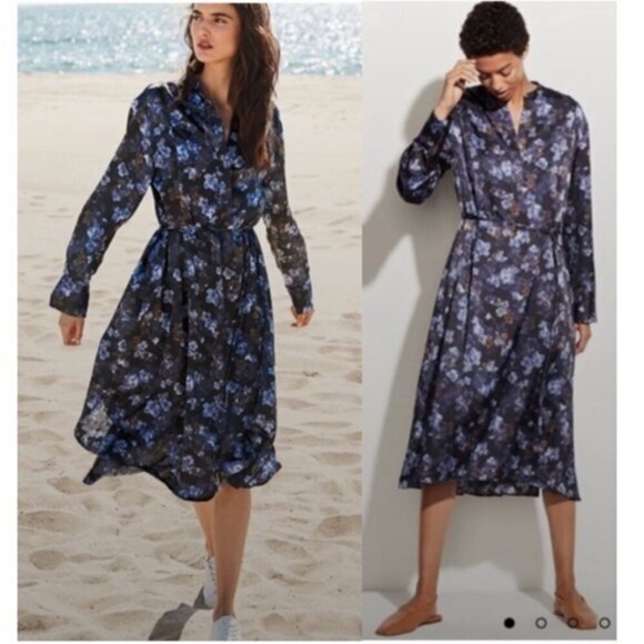 Nwt Vince Dress Plumeria Blooms Midi Satin In Blue Floral